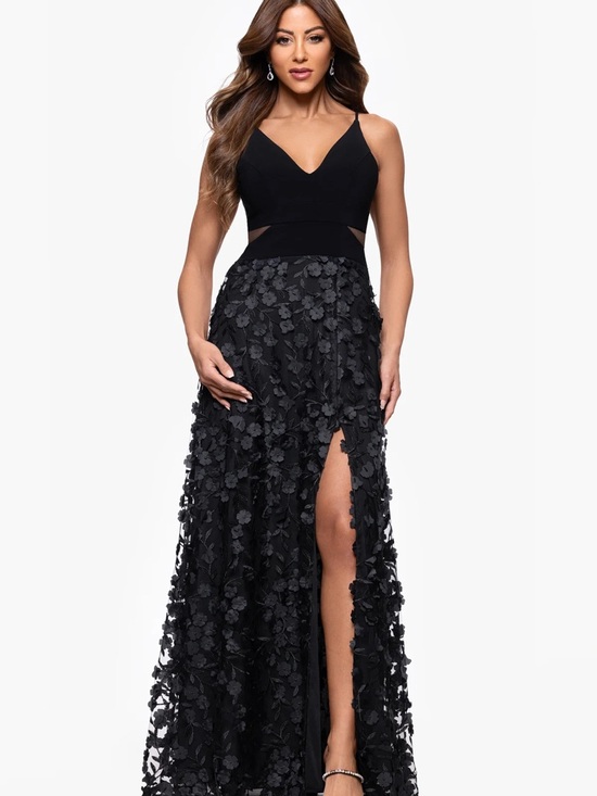 Xscape Dresses & Skirts - Xscape Black Floral Appliqué V-Neck Maxi Dress with Slit